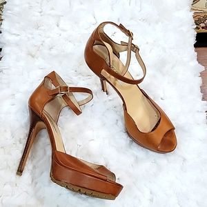 JIMMY CHOO LONDON tan Leather platform 5 25" heel peep toe 2 ankle strap…10 NEW